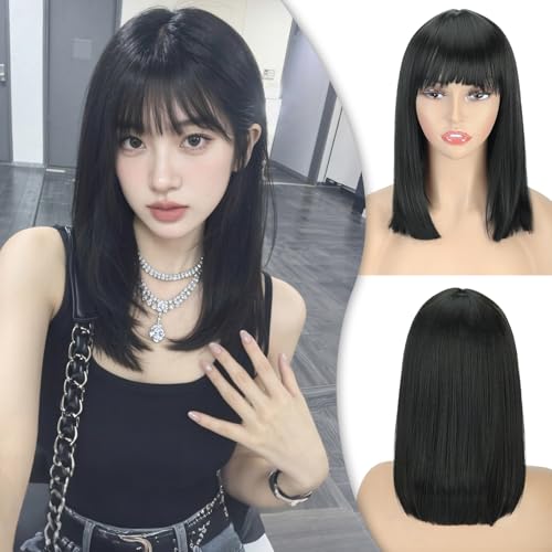 Creamily Natural Black 13" Full Head Hair Wig for Women | Synthetic Fiber Wig for Women with Sun-Kissed Highlights | Lightweight Hair Wigs for Women for Daily/Weddings/Festivals (Natural Black) - Image 1