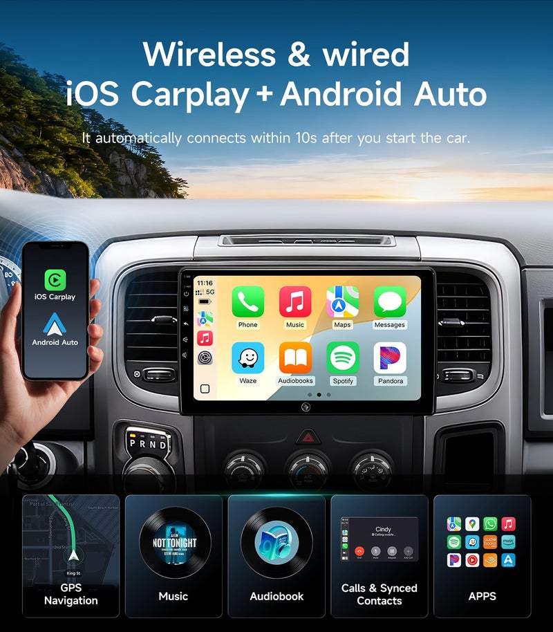 AINAVIGO 10.2inch Car Stereo Radio for Dodge Ram Pickup 1500 2500 3500 2013 2014 2015 2016 2017 2018 with Wireless carplay/Android auto/Touchscreen/Android13/GPS Navigation/HD Backup Camera - Image 3