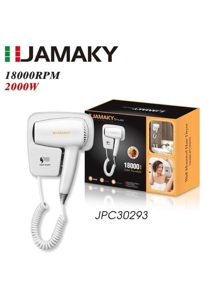 JAMAKY Italy Jamaki Wall Mounted Electric Hair Dryer White - 2000 Watt Model JPC 30293 Wall/Table Mount (Hot & Cold)  - Image 1