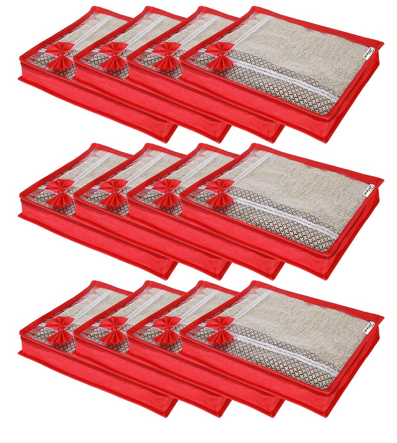 DIKHAWA 12 Piece Transparent View Non Woven Flower Design Attractive bow Saree Cover Storage Bags, Cloth Cover, 80gsm fabric (17X13X3 IN_RED) - Image 1