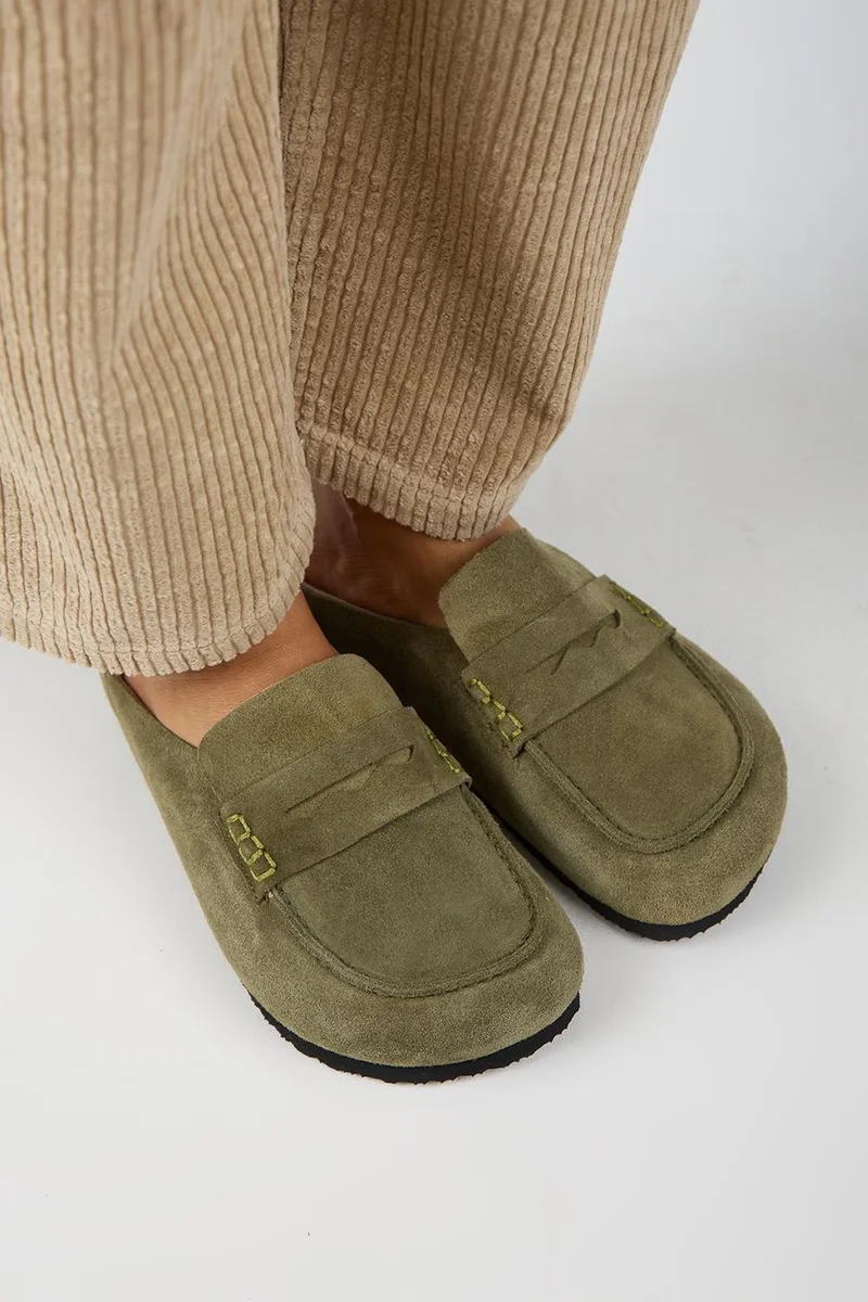 Manijero Manijero Ziva 2 Women's Genuine Leather Loafer Clogs Khaki Slippers