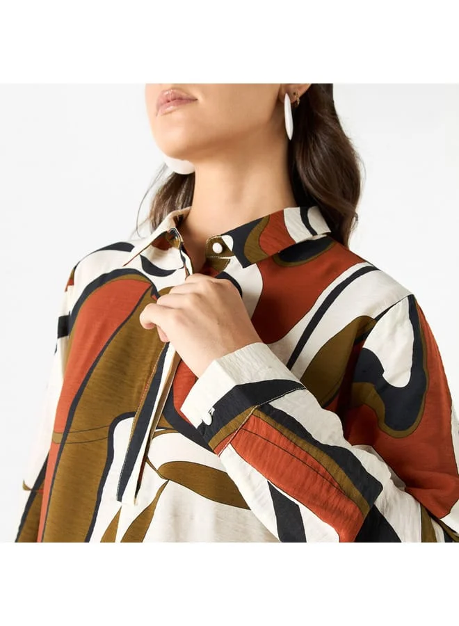 Iconic Iconic All-Over Print A-line Shirt Dress with Long Sleeves