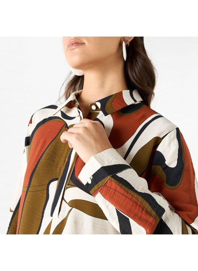 Iconic Iconic All-Over Print A-line Shirt Dress with Long Sleeves  - Image 4