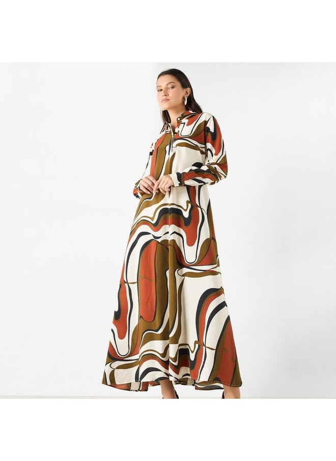 Iconic Iconic All-Over Print A-line Shirt Dress with Long Sleeves  - Image 1