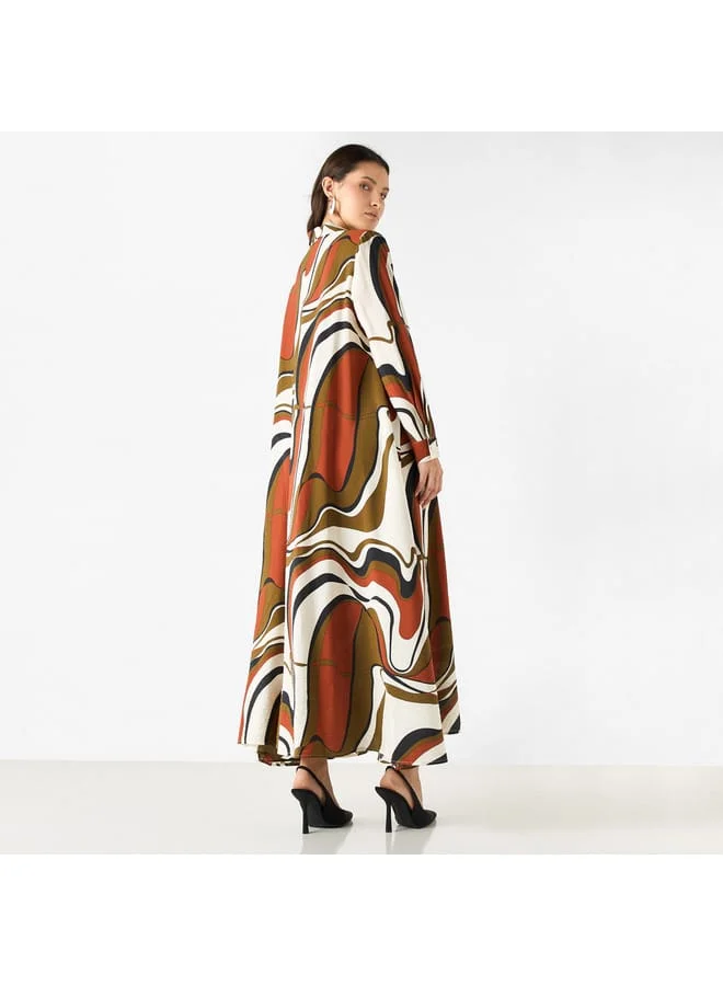 Iconic Iconic All-Over Print A-line Shirt Dress with Long Sleeves