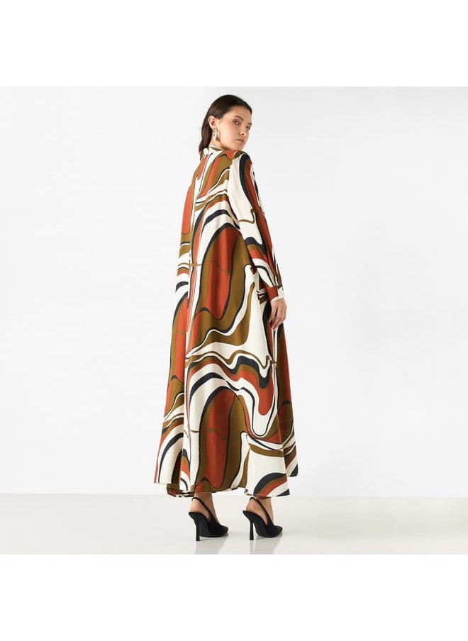 Iconic Iconic All-Over Print A-line Shirt Dress with Long Sleeves  - Image 3