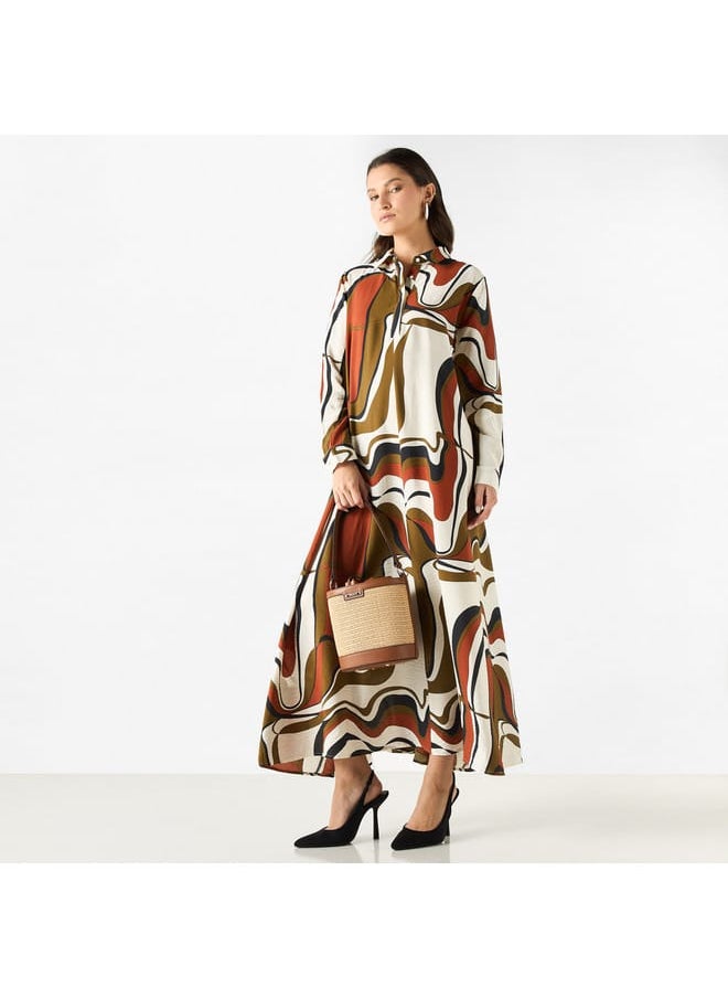 Iconic Iconic All-Over Print A-line Shirt Dress with Long Sleeves  - Image 2