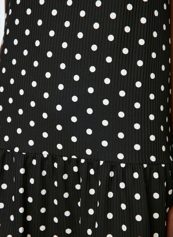 trendyol Black Polka Dot Printed Zero Sleeve Flounce Shift/Plain Mini Elastic Knitted Dress TWOSS22EL0794 - Image 3
