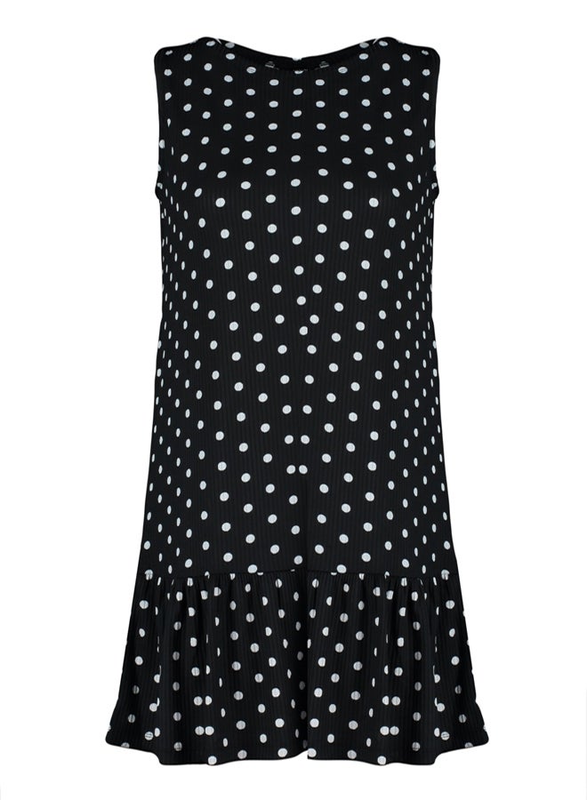 trendyol Black Polka Dot Printed Zero Sleeve Flounce Shift/Plain Mini Elastic Knitted Dress TWOSS22EL0794 - Image 5