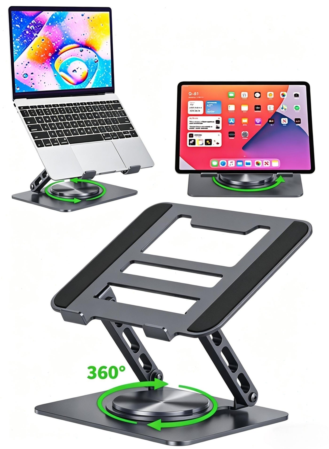 Adjustable Laptop Stand for Desk with 360° Rotating Base, Ventilated Cooling Notebook Stand, Lightweight Computer Holder for Home Office Travel.