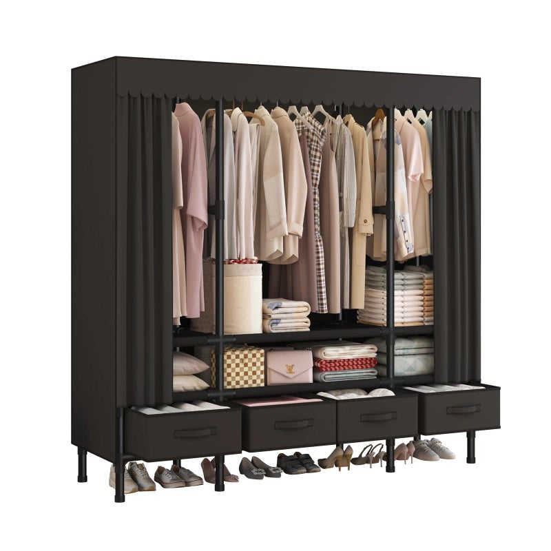 WEALTHYHEART Portable Closet,Garment Rack,Heavy Duty Clothes Rack with Cover,Wardrobe Closet with 3 Hanging Rods, 6 Storage Shelves and 4 Drawers,55.1" L x 17.7" W x 67.7" H,Black - Image 1