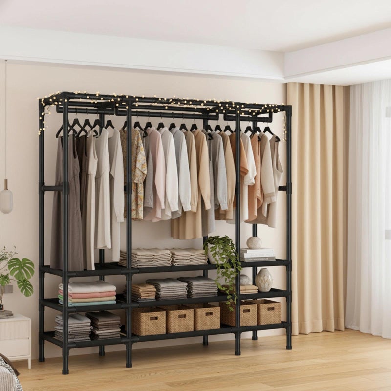WEALTHYHEART Portable Closet,Garment Rack,Heavy Duty Clothes Rack with Cover,Wardrobe Closet with 3 Hanging Rods, 6 Storage Shelves and 4 Drawers,55.1" L x 17.7" W x 67.7" H,Black - Image 4
