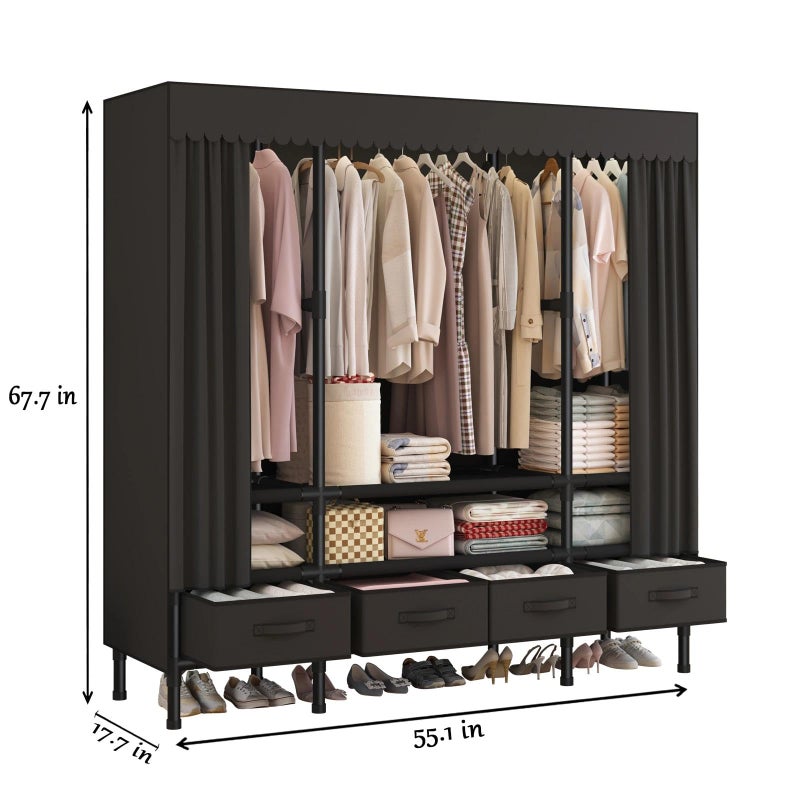 WEALTHYHEART Portable Closet,Garment Rack,Heavy Duty Clothes Rack with Cover,Wardrobe Closet with 3 Hanging Rods, 6 Storage Shelves and 4 Drawers,55.1" L x 17.7" W x 67.7" H,Black - Image 3