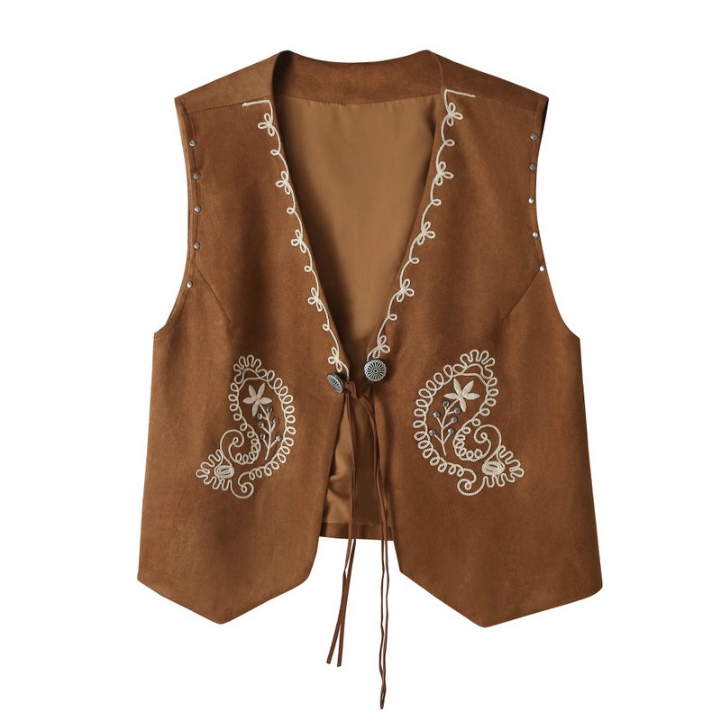Women's Bohemian Suede Vest with Embroidery and Rivets - Image 1