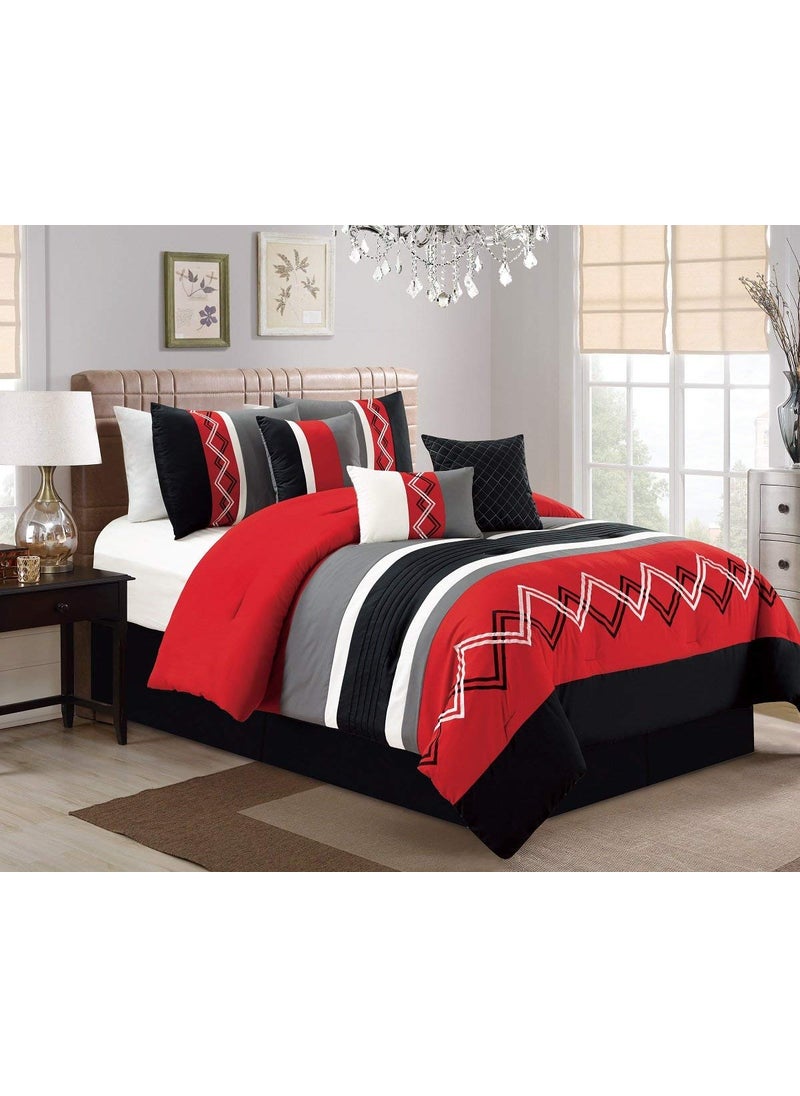 Chezmoi Collection Chezmoi Collection Arden 7Piece Modern Pleated Stripe Embroidered Zigzag Bedding Comforter Set Full RedBlackGrayOffWhite 