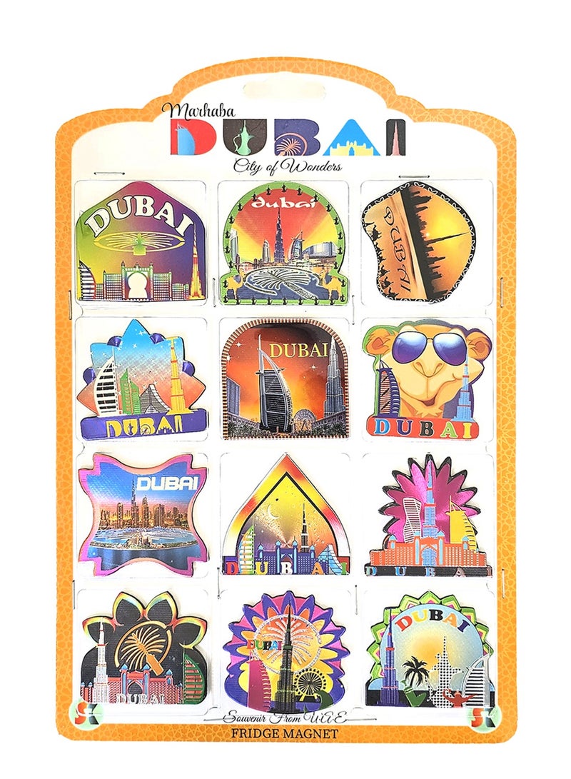 Souvenir Souq Set of 12 foil magnets featuring multiple patterns and vibrant Dubai Skylines —perfect as souvenirs, gifts, or home décor. - Image 1