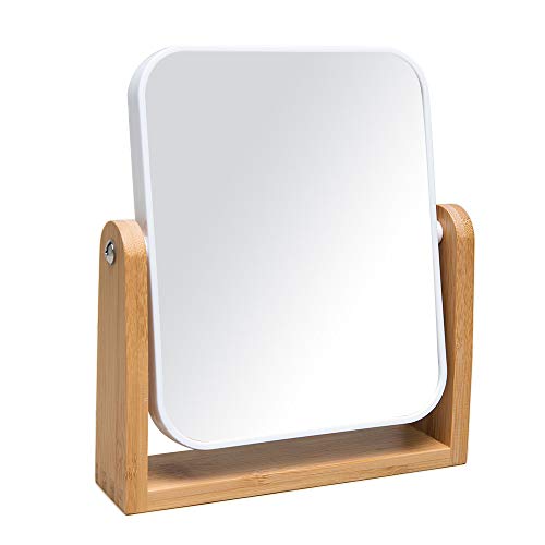 YEAKE Vanity Makeup Mirror with Natural Bamboo Stand, 8 Inch Double Sided 360 Degree Swivel Magnifying Mirror for Table, Desk, Countertop Shaving Make Up - Image 1