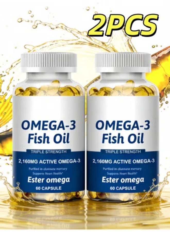 Omega Triple Strength Omega-3 Deep Sea Fish Oil Softgels (2-Pack) | 2160mg | Supports Heart Health, Joint Comfort & Memory Enhancement | One Per Day, Suitable for the Whole Family - Image 1
