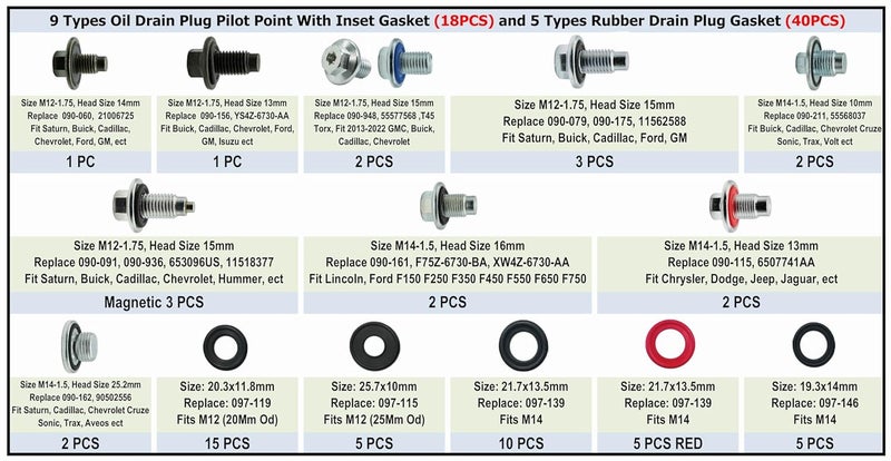 Dsnaduo 9 Types Oil Drain Plug with Inset Gasket (18PCS) and 5 Types Rubber Gaskets (40PCS) Master Assortment Kit - Image 2