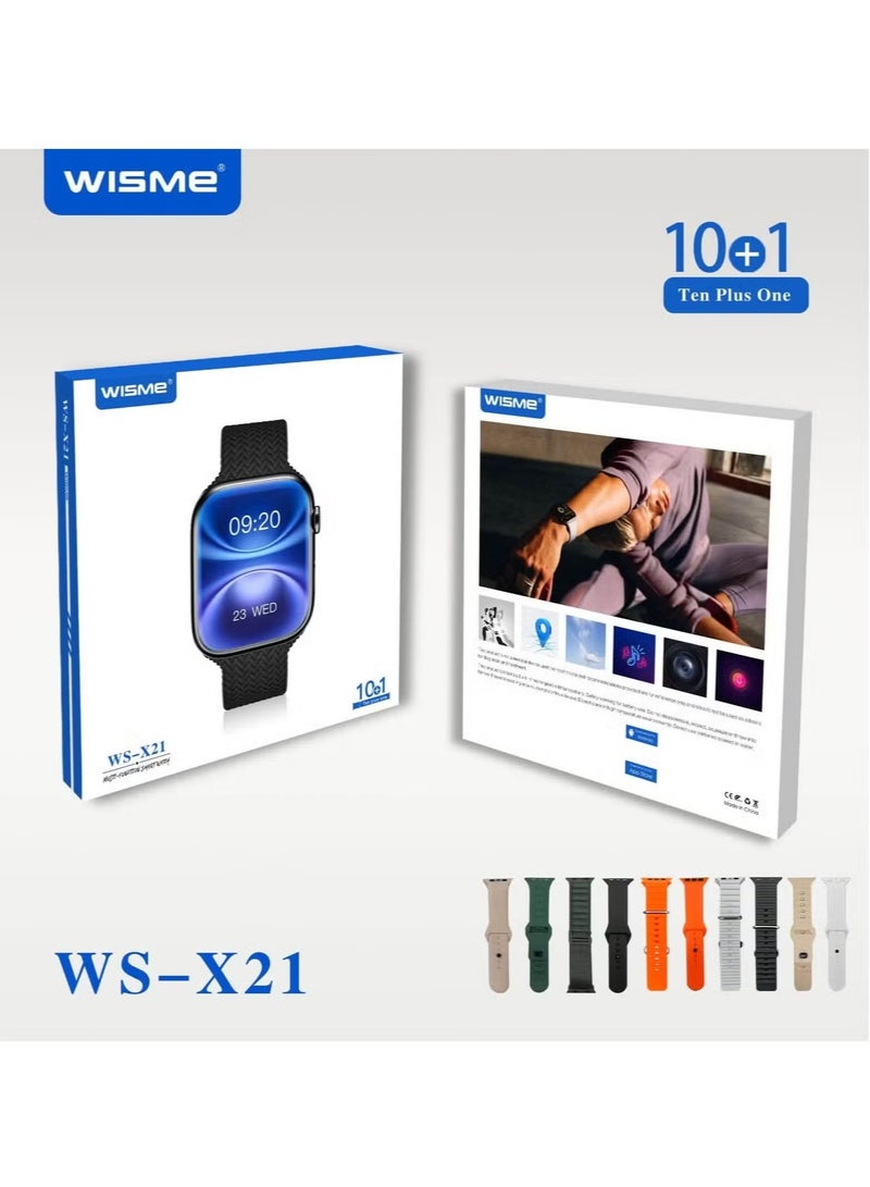 WISME ساعة ذكية بتصميم أنيق وشاشة عالية الدقة WS-X21 مع 10 أحزمة قابلة للتبديل وكابل شحن، مصممة للسيدات والرجال باللون الفضي - Image 2
