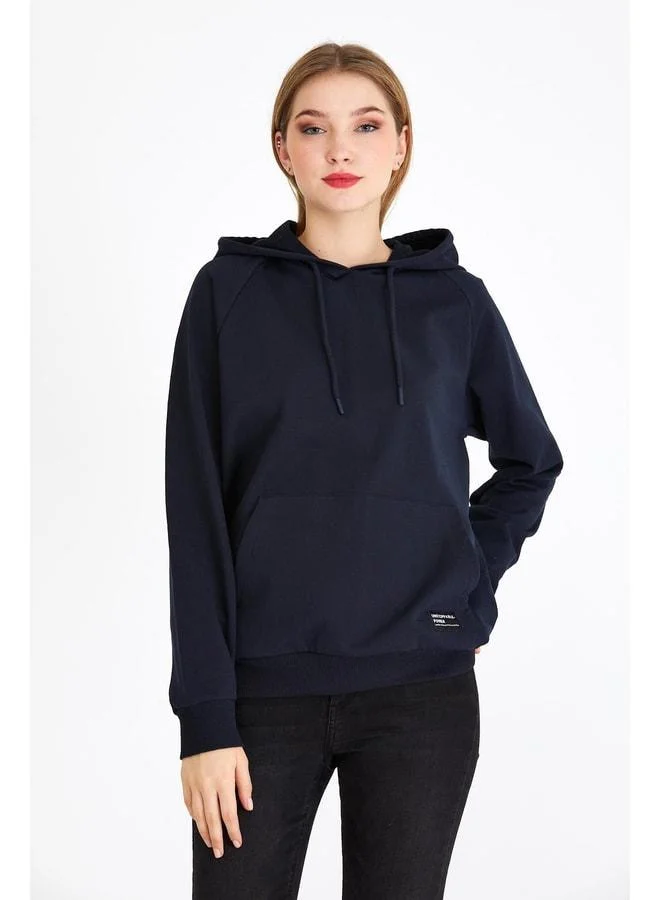 Women’s Navy Hooded Basic Knit Sweatshirt.