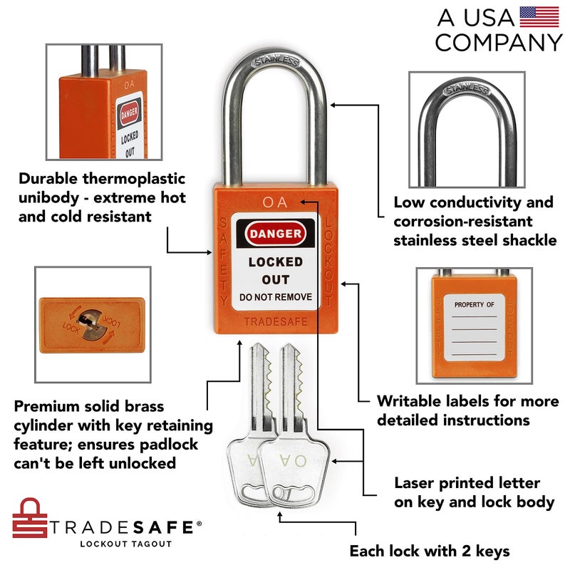 TRADESAFE مجموعة أقفال TRADESAFE لقفل العلامات، 10 قفل أمان برتقالي متطابق المفاتيح، مجموعة غير محدودة، 2 مفتاح لكل قفل، أقفال Loto متوافقة مع OSHA، لمجموعات قفل العلامات - Image 3