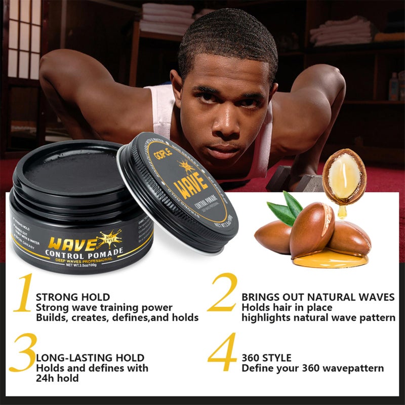 Goiple Wave Pomade for Men Strong Hold Easy Wash Hair Cream Grease, Promotes Layered Waves, Moisture, Shine, Brush and Durag Cap Set - Image 2