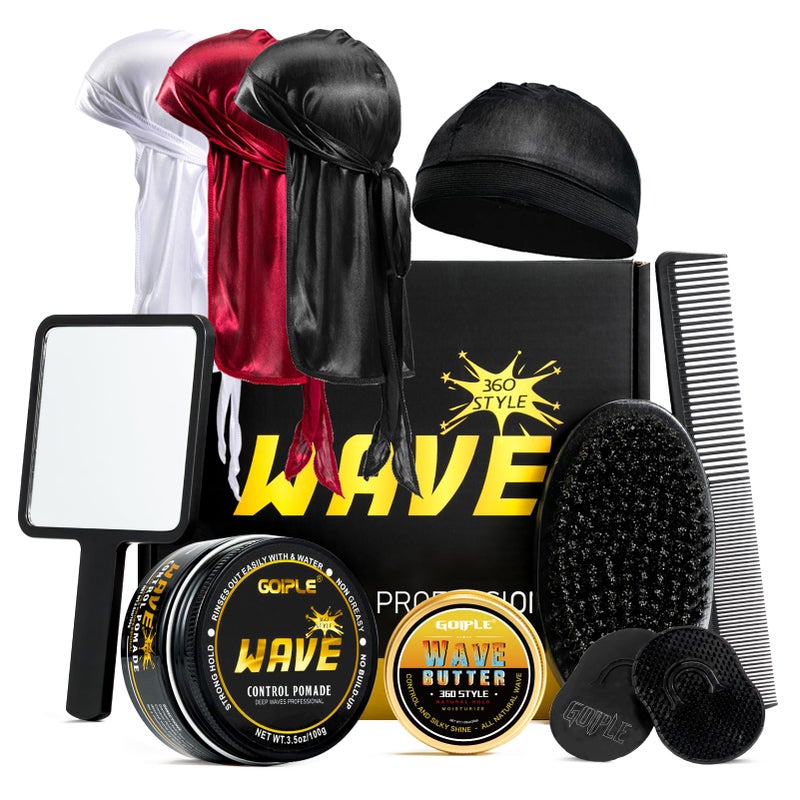 Goiple Wave Pomade for Men Strong Hold Easy Wash Hair Cream Grease, Promotes Layered Waves, Moisture, Shine, Brush and Durag Cap Set - Image 1