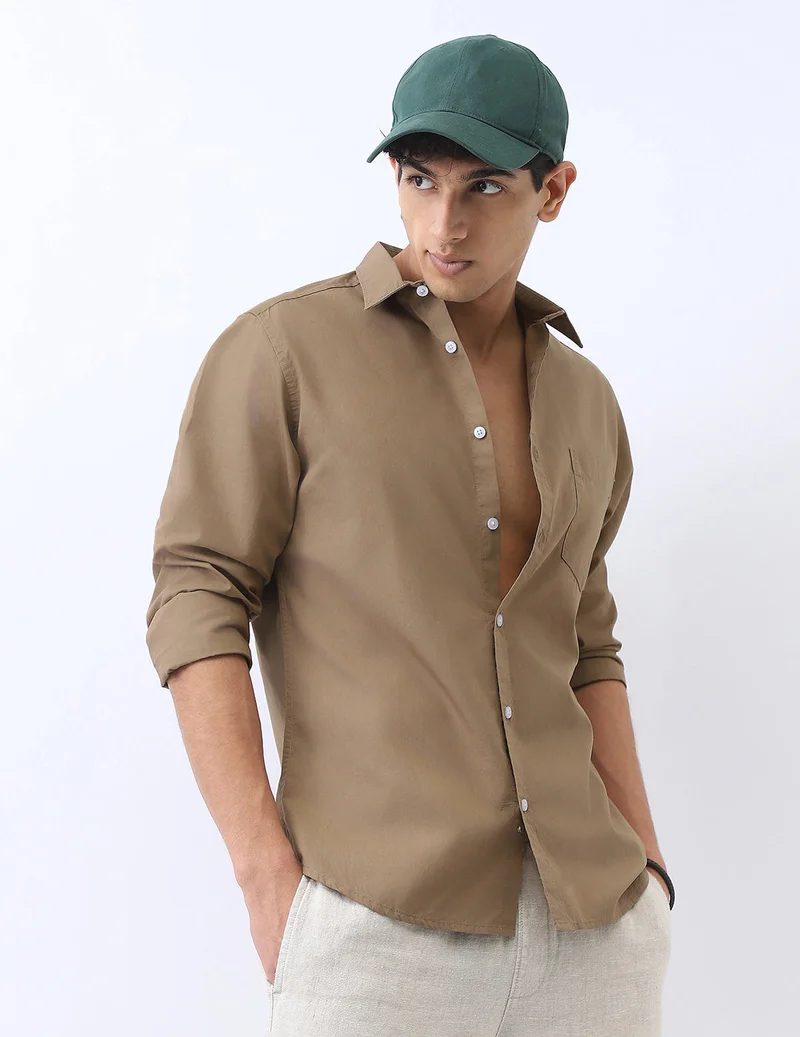 Urbano Fashion Men's Light Brown Cotton Full Sleeve Regular Fit Casual Solid Shirt