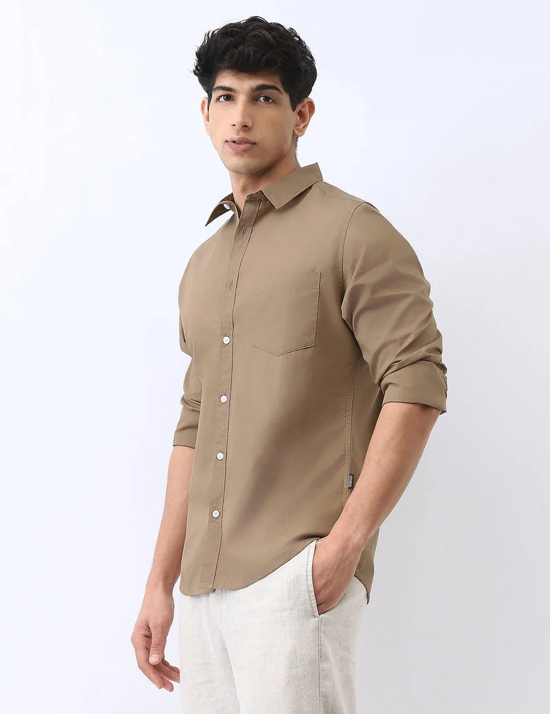Urbano Fashion Men's Light Brown Cotton Full Sleeve Regular Fit Casual Solid Shirt