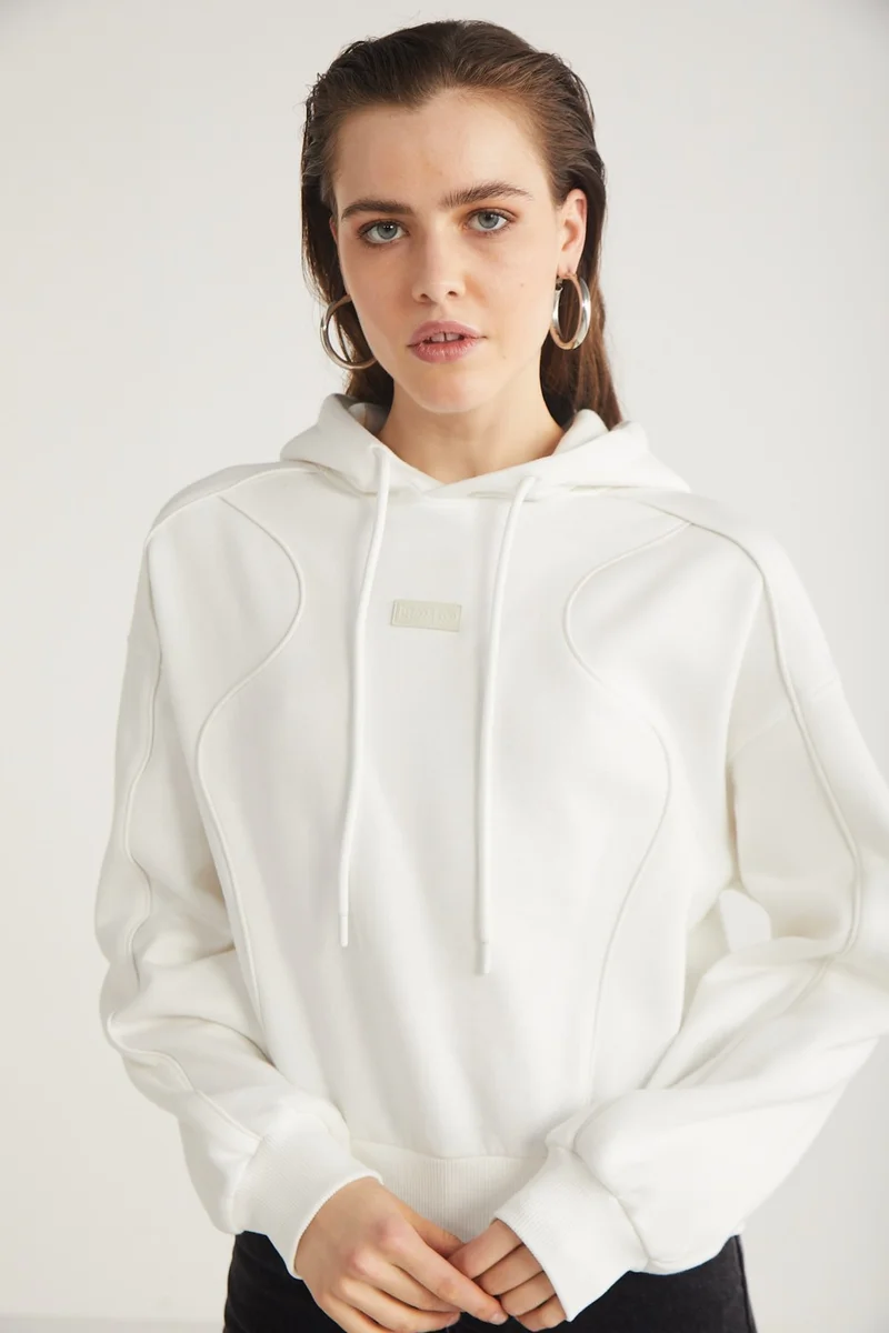 جريميلانج Kennedy Women's Polar Fleece Soft Hooded Piping Detailed Comfort Fit Ecru Sweatshirt