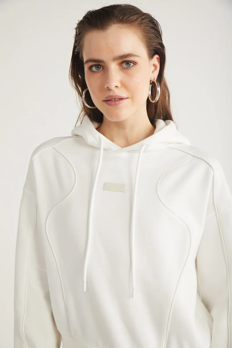 جريميلانج Kennedy Women's Polar Fleece Soft Hooded Piping Detailed Comfort Fit Ecru Sweatshirt