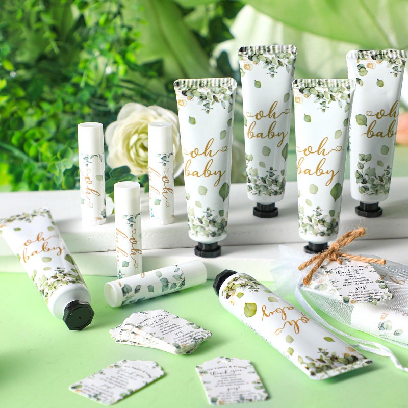 Swiffen 48 Sets 192 Pcs Baby Shower Gifts for Guests Sage Green Oh Baby Shower Games Prizes Greenery Eucalyptus Party Gifts Bulk 48 Hand Cream and 48 Lip Balm Bridal Wedding Party Favors Travel Size - Image 3