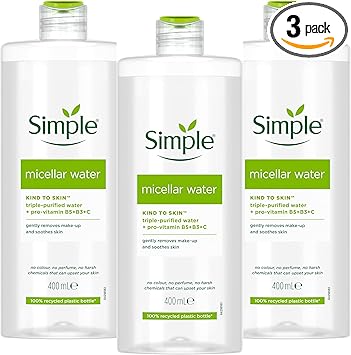 simple ماء ميسيلار بسيط لطيف على البشرة ماء ثلاثي التنقية بروفيتامين B5 B3 C بدون عطر بدون مواد كيميائية قاسية يزيل المكياج بلطف يهدئ البشرة 400 مل عبوة من 3 - Image 1