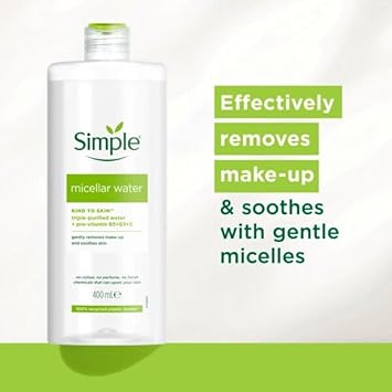 simple ماء ميسيلار بسيط لطيف على البشرة ماء ثلاثي التنقية بروفيتامين B5 B3 C بدون عطر بدون مواد كيميائية قاسية يزيل المكياج بلطف يهدئ البشرة 400 مل عبوة من 3 - Image 5