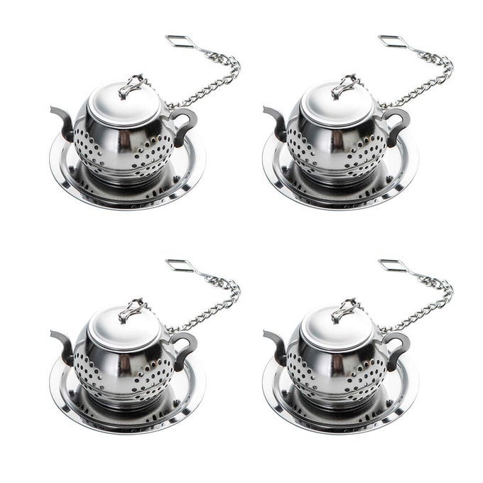 4PCS TEA BALLS FOR LOOSE LEAF STAINLESS STEEL TEA INFUSERS FOR LOOSE TEA TEA STRAINERS WITH CHAIN HOOK AND SAUCER SILVER