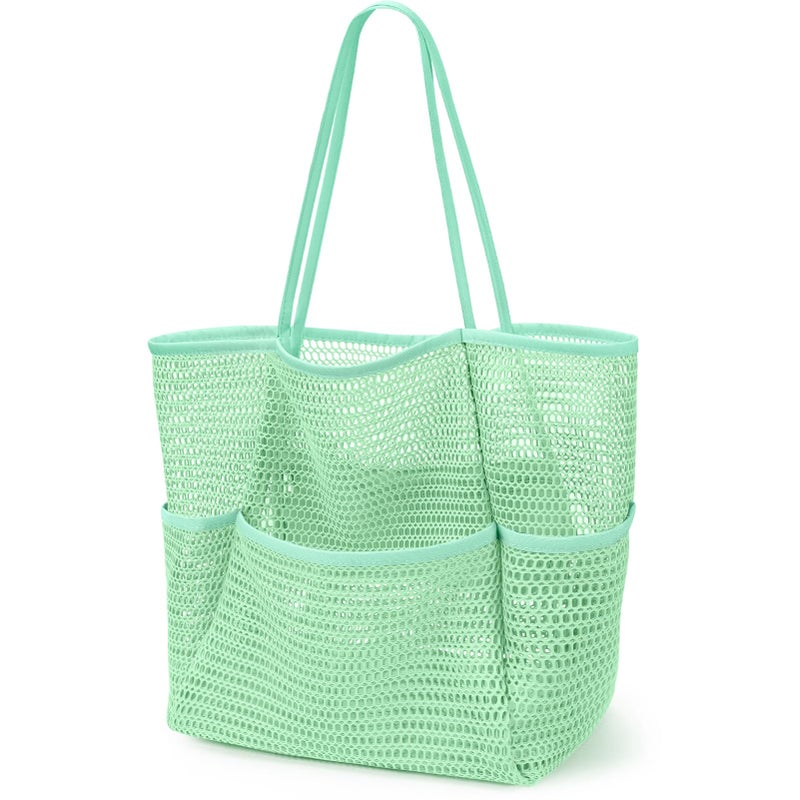 KPX Beach Bag with Mini Pocket Summer Beach Tote Bags for Women Large Foldable Mesh Swimming Pool Travel Bags SandproofMint - Image 2