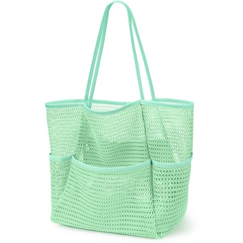 KPX Beach Bag with Mini Pocket Summer Beach Tote Bags for Women Large Foldable Mesh Swimming Pool Travel Bags SandproofMint - Image 1