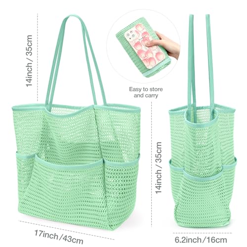 KPX Beach Bag with Mini Pocket Summer Beach Tote Bags for Women Large Foldable Mesh Swimming Pool Travel Bags SandproofMint - Image 3