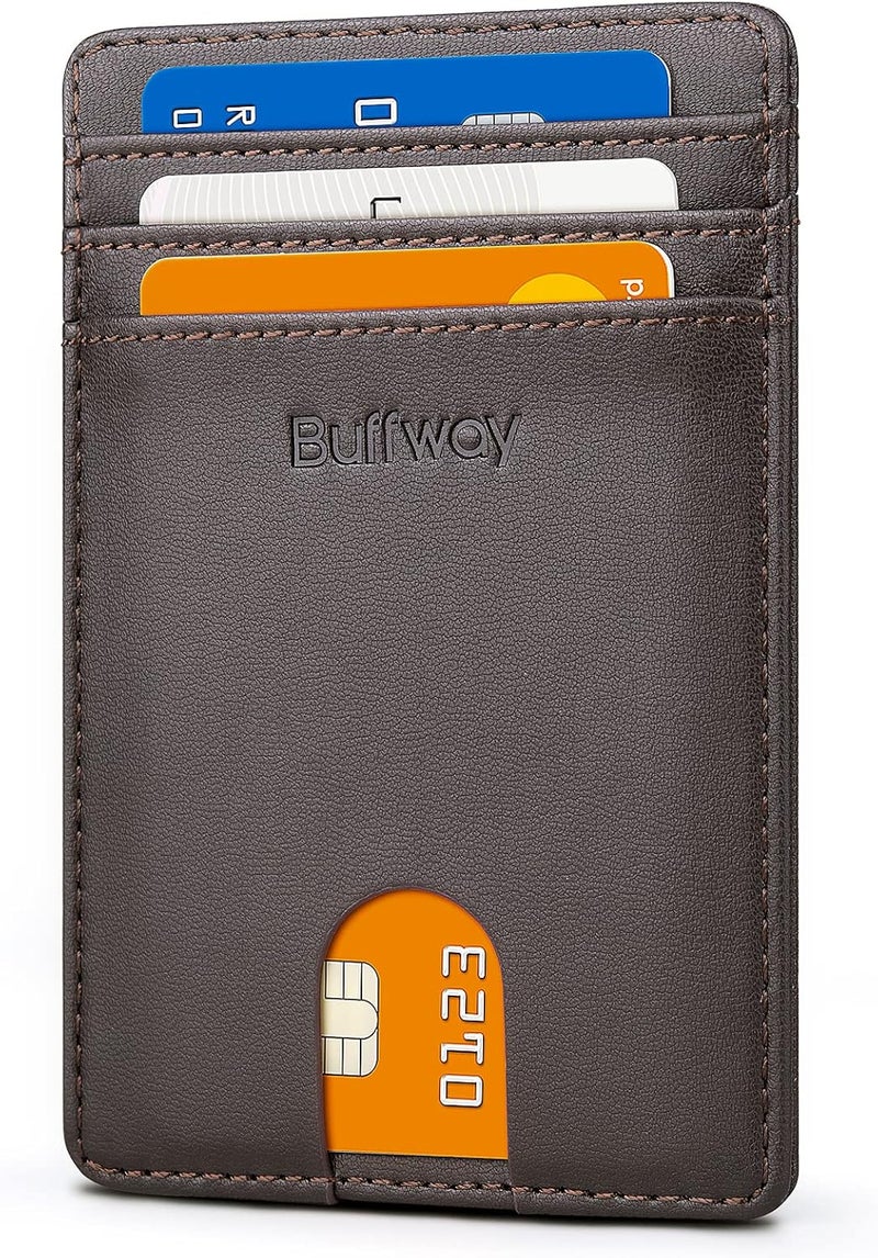 Buffway Mens Slim Wallet, Minimalist Thin Front Pocket Leather Credit Card Holder with RFID Blocking for Work Travel - Image 1