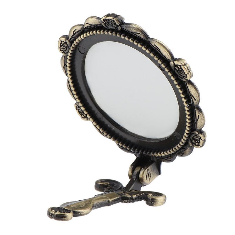 KitchEase KitchEase Portable Folding Makeup Hand Mirror Vintage Round Metal Frame Vanity Mirror with Handle Tabletop or Handheld Use for Desk Travel Camping Bronze Pack of 2  - Image 2