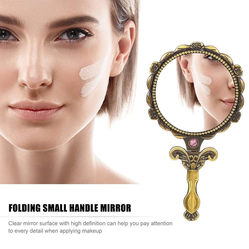 KitchEase KitchEase Portable Folding Makeup Hand Mirror Vintage Round Metal Frame Vanity Mirror with Handle Tabletop or Handheld Use for Desk Travel Camping Bronze Pack of 2  - Image 3