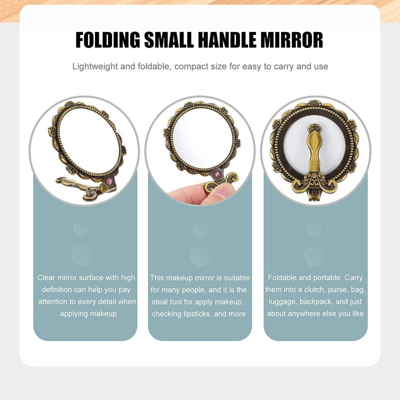 KitchEase KitchEase Portable Folding Makeup Hand Mirror Vintage Round Metal Frame Vanity Mirror with Handle Tabletop or Handheld Use for Desk Travel Camping Bronze Pack of 2  - Image 5