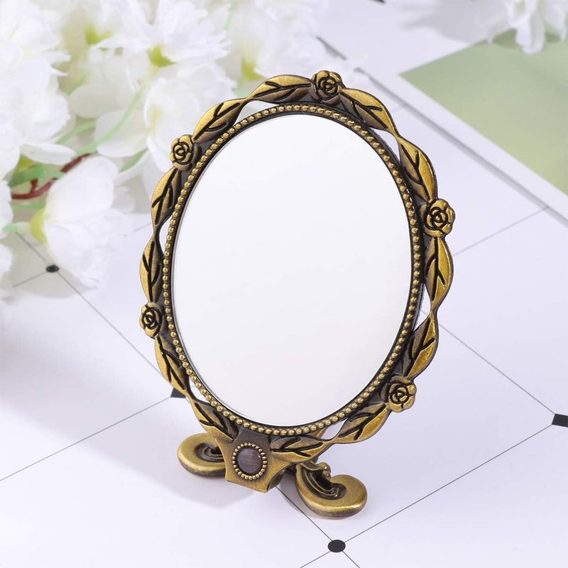 KitchEase KitchEase Portable Folding Makeup Hand Mirror Vintage Round Metal Frame Vanity Mirror with Handle Tabletop or Handheld Use for Desk Travel Camping Bronze Pack of 2  - Image 4