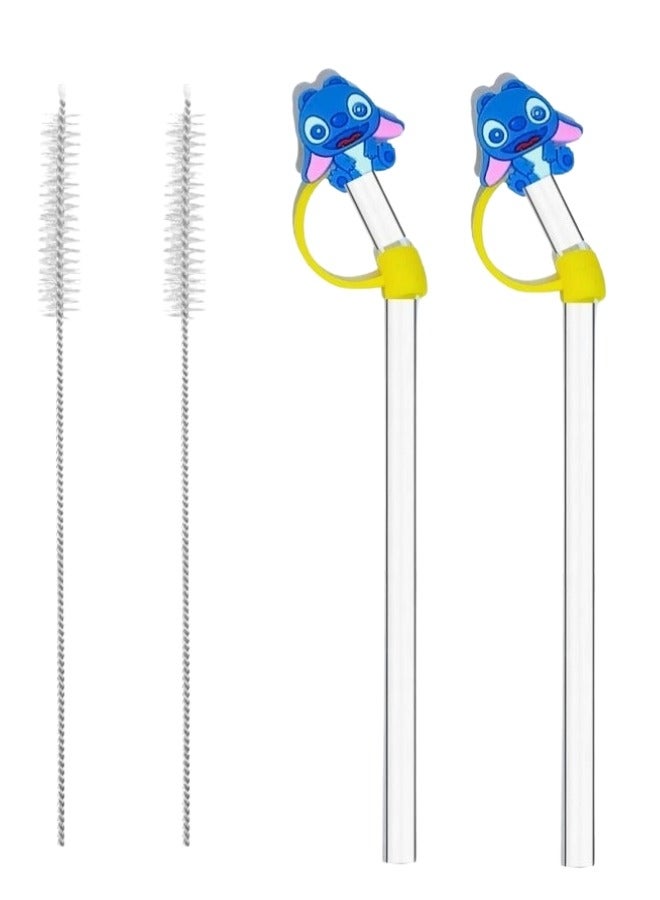 فالمر مجموعة شفاطات زجاجية مع غطاء سيليكون على شكل ستيتش – 2 شفاطة زجاجية قابلة لإعادة الاستخدام + 2 فرشاة تنظيف لسهولة العناية، تصميم لطيف وأشكال مختلفة للمشروبات الساخنة والباردة - Image 1