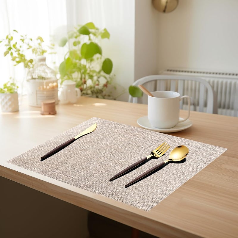 pigchcy Beige Placemats Set of 4 Vinyl PVC Durable Place Mats for Dining Table,Heat Resistant Non-Slip Woven Tabel Mats (18x12 inches, Beige) - Image 5