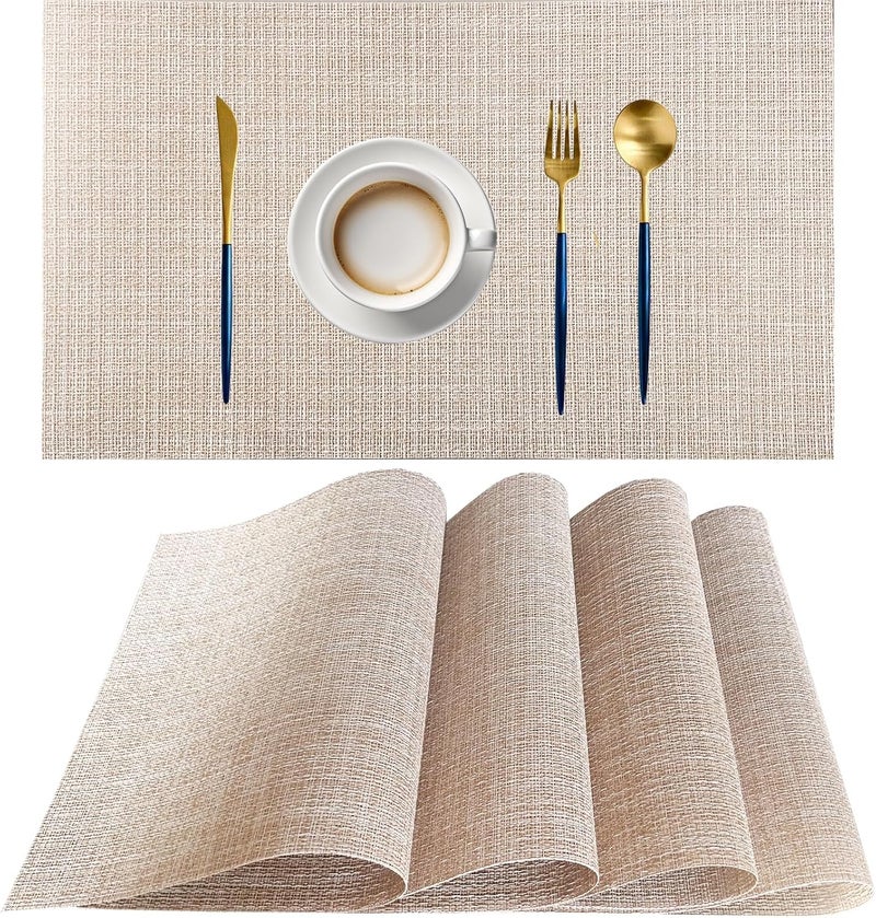 pigchcy Beige Placemats Set of 4 Vinyl PVC Durable Place Mats for Dining Table,Heat Resistant Non-Slip Woven Tabel Mats (18x12 inches, Beige) - Image 1
