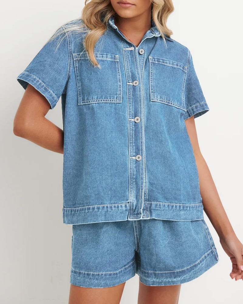 Kedera 2 Piece Denim Outfit for Women Lounge Wear Pajama Sets Short Sleeve Oversized Button Down Boxy Shirts and Shorts Tracksuit - Image 4