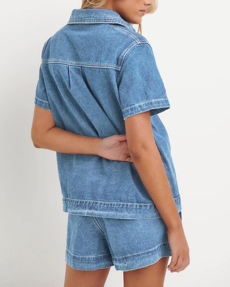 Kedera 2 Piece Denim Outfit for Women Lounge Wear Pajama Sets Short Sleeve Oversized Button Down Boxy Shirts and Shorts Tracksuit - Image 2
