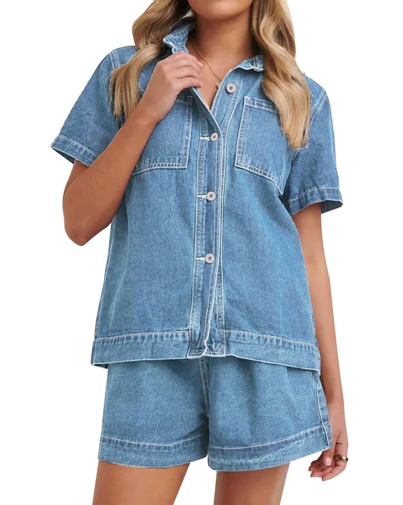 Kedera 2 Piece Denim Outfit for Women Lounge Wear Pajama Sets Short Sleeve Oversized Button Down Boxy Shirts and Shorts Tracksuit - Image 1